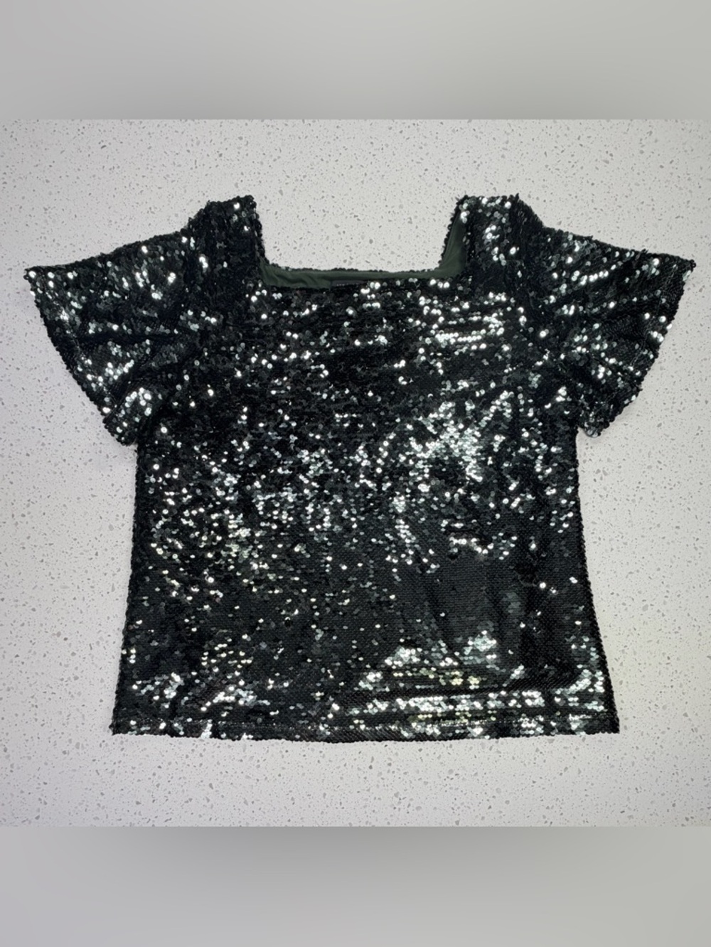 Ann Taylor Factory Sequin Top Womens Small Black Flutter Sleeve NWT Party Blouse